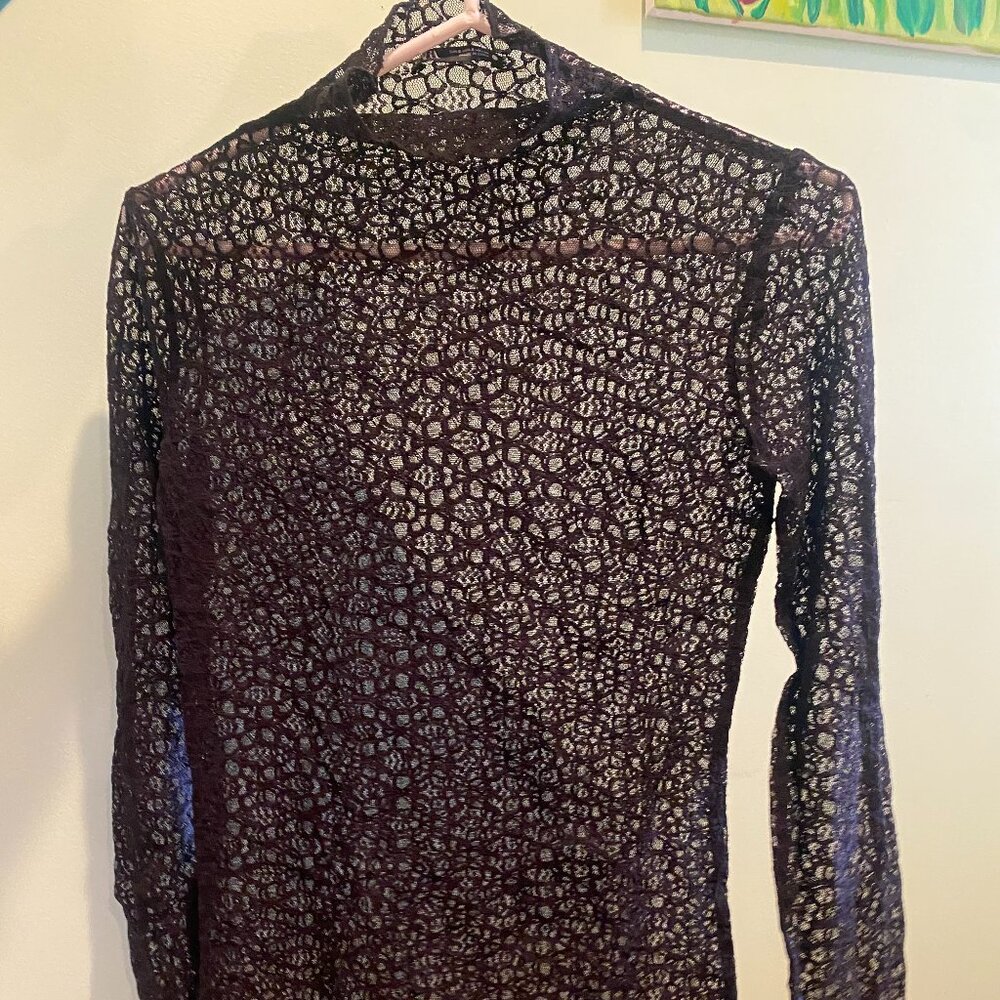 Black see-through lace long-sleeve top with mock neck